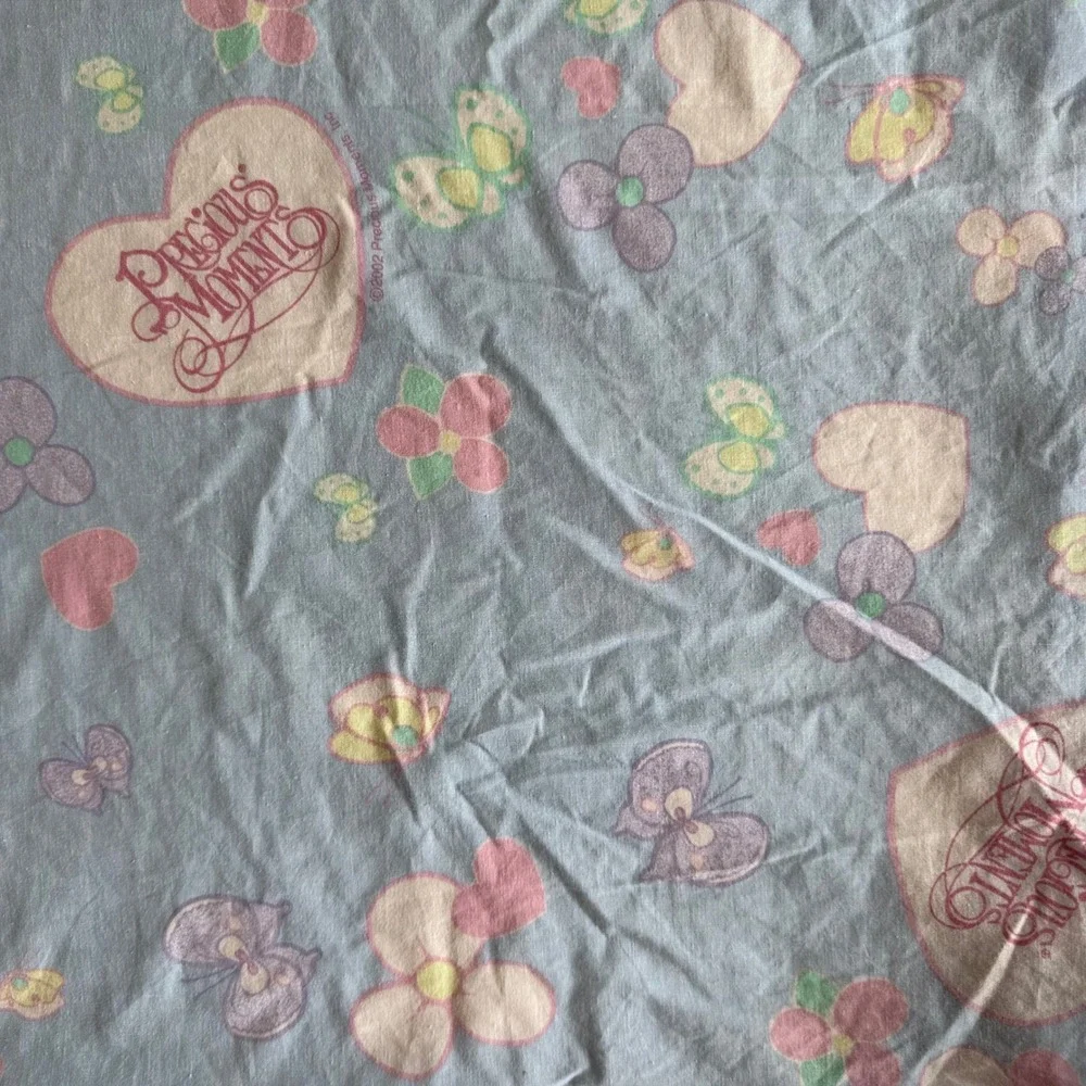 Vintage Precious Moments Twin Fitted Sheet Blue Hearts Flowers Franco 2002